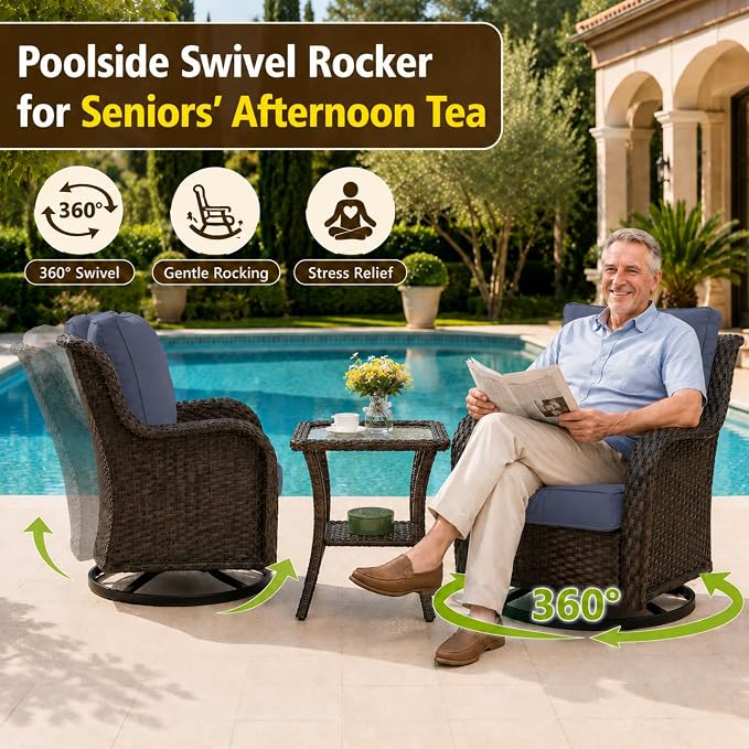 HUMMUH 3-Piece Swivel Rocking Rattan Chair Outdoor, Patio Bistro Furniture Conversation Set with Cover,Cushioned Wicker Chair with Glass Coffee Table(Brown, Blue)
