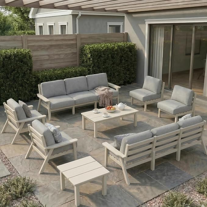 HDPE Patio Furniture Set 10 Seats, Outdoor Couch with Washable Thick Gray Cushions & Coffe Table & Side Table, Outdoor Sectional Furniture for Backyard, Deck, Lawn, Porch (White Frame)