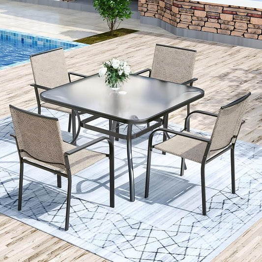 Anmutig 5-Piece Outdoor Patio Dining Set 37-Inch Square Glass Table with 4 Stackable Chairs for Lawn Backyard and Deck, Beige Grey