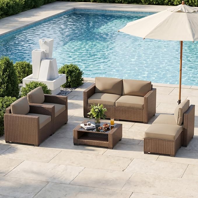 Patio Furniture Set, 7-Piece Outdoor Sectional Couch with Coffee Table & Thick Cushions, Outdoor Wicker Conversation Set for Backyard, Poolside, Garden (Brown-Camel, 7 Piece-Double)