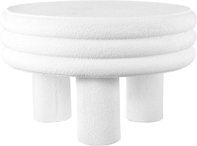 JONATHAN Y Rashida 13.5" White Frosted Modern Round Polyresin Indoor Outdoor Accent Coffee Table, Weather Resistant Low Table with Chunky Ribbed Stacked Ring Design and Tripod Pillar Base TBL1105B