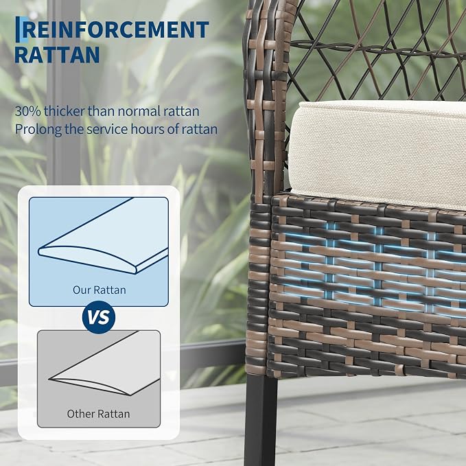3 pcs Outdoor Rocking Bistro Set, Wicker Rocking Bistro Set with Thick Cushions, Outdoor Rocker Chairs and Coffee Table for Porch, Backyard or Garden (Brown&Beige)
