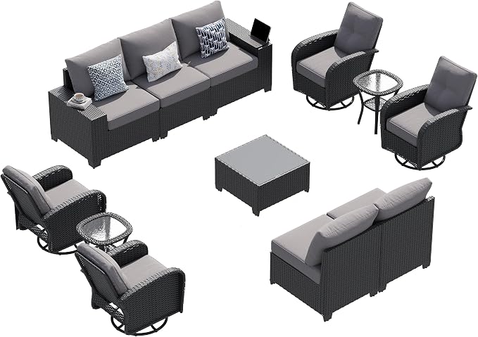LazySunsets 12 PCS Patio Furniture Set, Outdoor Sectional All-Weather Wicker Conversation Set with Swivel Rocker Chairs, 4'' Thick Cushions for Backyard Poolside(Crey/Black)