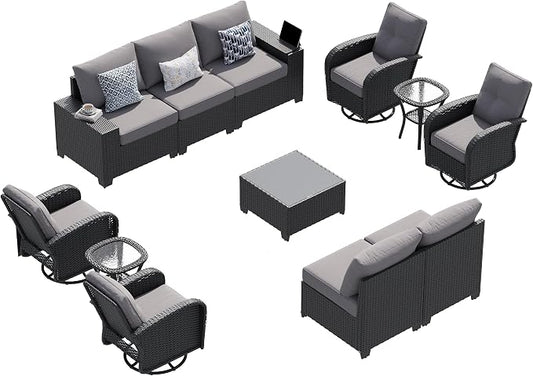 LazySunsets 12 PCS Patio Furniture Set, Outdoor Sectional All-Weather Wicker Conversation Set with Swivel Rocker Chairs, 4'' Thick Cushions for Backyard Poolside(Crey/Black)
