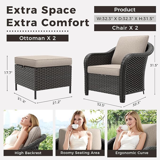 Outdoor Chairs Set with Ottomans, 4 PCS Patio Conversation Furniture Set with Removable Cushions, All-Weather Wicker Furniture for Porch, Backyard, Deck, Sunroom (Beige)