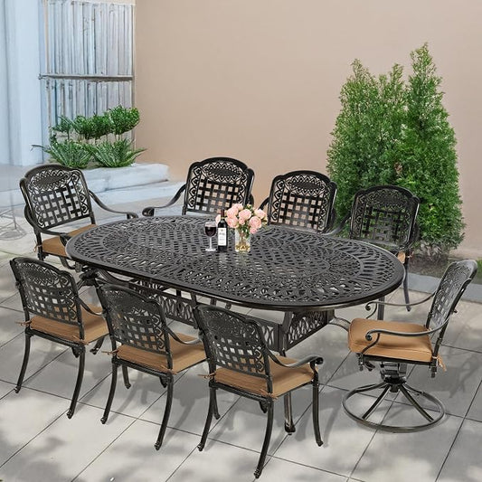 MEETWARM 9-Piece Outdoor Patio Dining Set, All-Weather Cast Aluminum Patio Conversation Set with 6 Stationary, 2 Swivel Rocker Chairs, 1 Oval Table, 8 Cushions, 2" Umbrella Hole