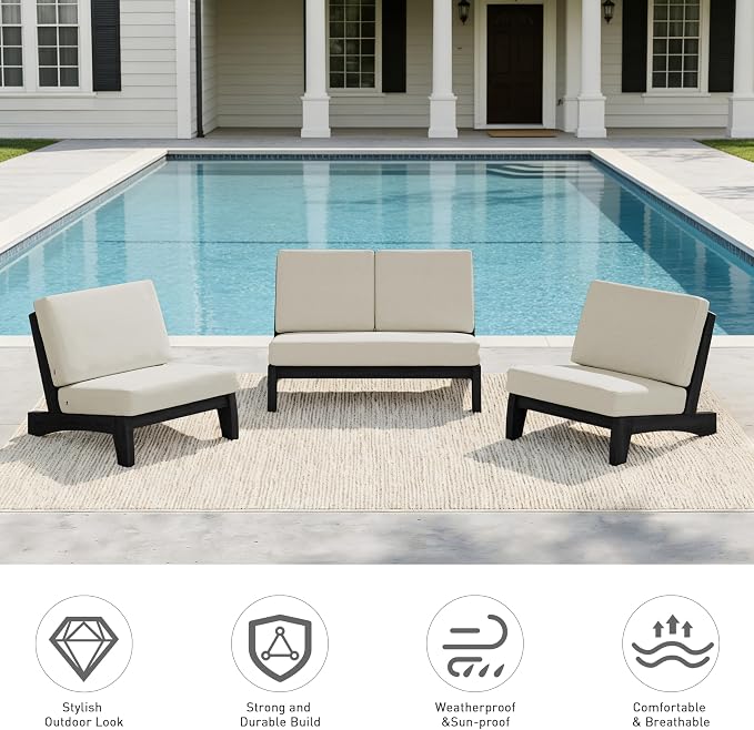 Pia Ricoo 4 Piece Patio Furniture Sets, Outdoor Furniture with 2 Chairs & Coffee Table, Patio Conversation Set for Backyard, Deck, Lawn, Light Camel, Dark Wood