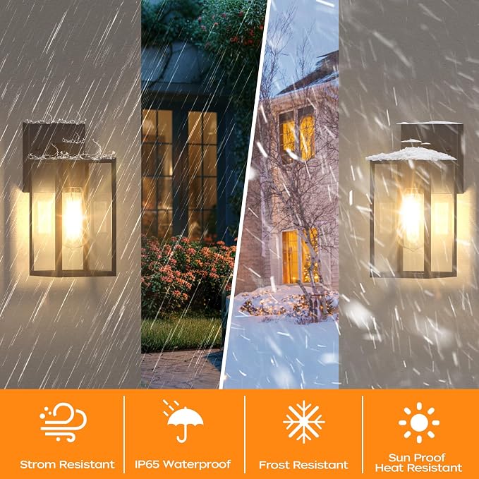 WIHTU Exterior Lighting Fixture Wall Mount, Outdoor Porch Light Wall Sconce | 10.65 inch, Anti-Rust Metal Frame, Tempered Glass, E26 Base, Waterproof, Wall Lantern for House, Patio, Garage, Entryway