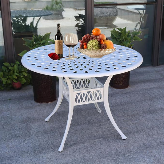 42" Outdoor Dining Table, Round Patio Tables with Umbrella Hole, Cast Aluminum Garden Table Outdoor Furniture Table (White)