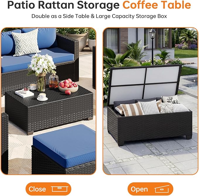 LazySunsets 7-Piece Outdoor Patio Furniture Set, Rattan Outdoor Sectional with Thick Waterproof Cushions, Wicker Ottomans & Waterproof Cover, Patio Conversation Set for Garden, Backyard,Navy Blue