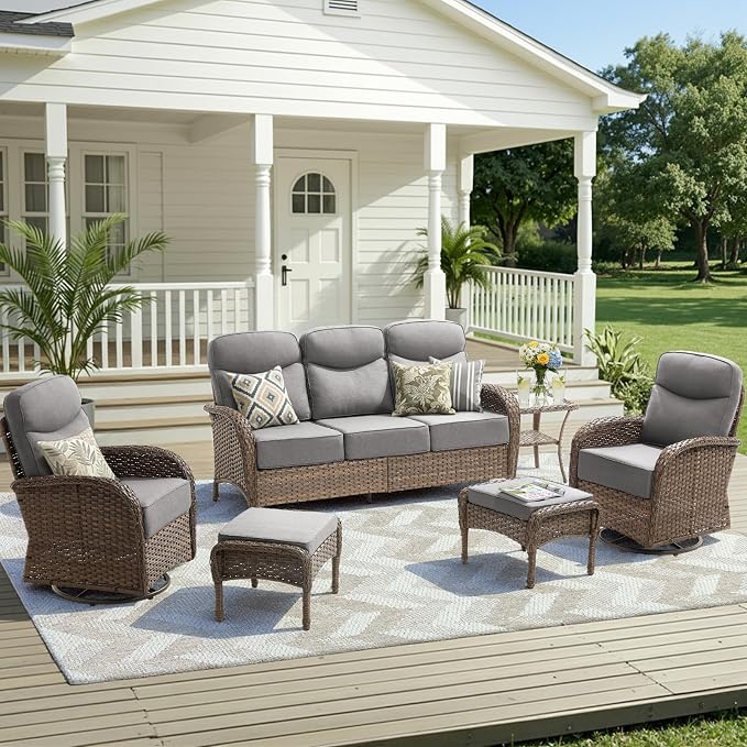 Luxury Outdoor Patio Furniture Set with 6-Inch Thick Cushions, 6 Pieces All-Weather Wicker Outdoor Furniture with Outdoor Rocking Chair, Outdoor Patio Conversation Sets for Garden Porch Deck, Grey