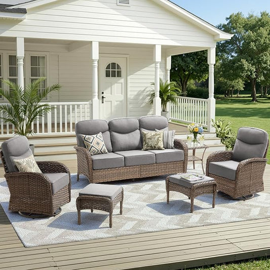 Luxury Outdoor Patio Furniture Set with 6-Inch Thick Cushions, 6 Pieces All-Weather Wicker Outdoor Furniture with Outdoor Rocking Chair, Outdoor Patio Conversation Sets for Garden Porch Deck, Grey