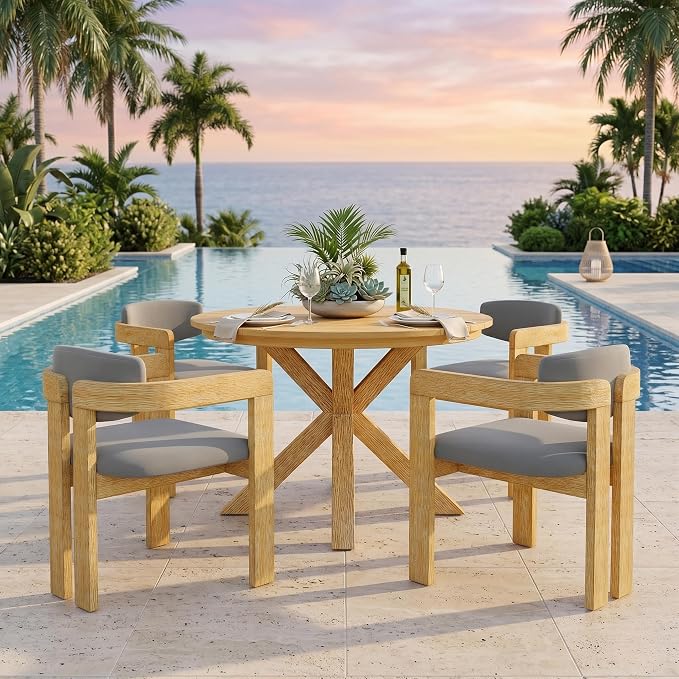 Merax 5 Piece Patio Table and Chairs Set for 4, 4pcs Outdoor Club Dining Chairs with Gray Cushions & 1 Oversize Round Dining Table, Acacia Wood Patio Dining Furniture Set for Balcony Desk Garden