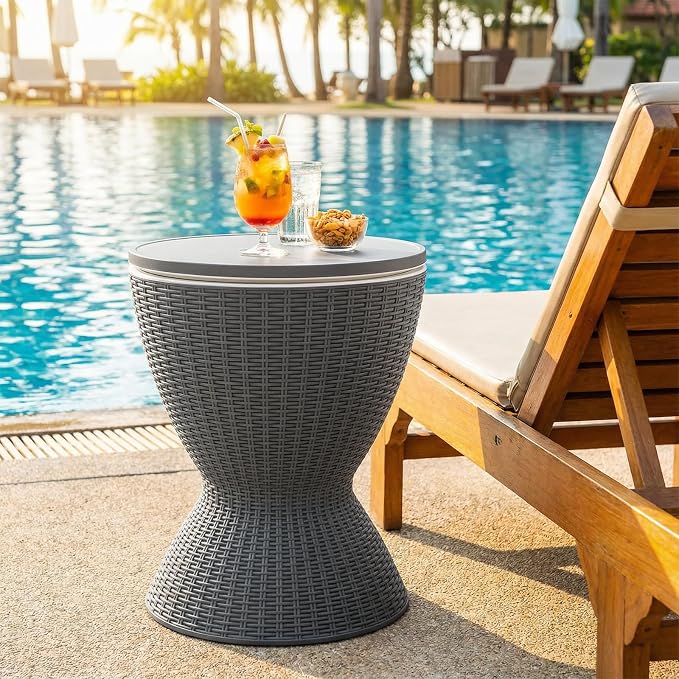 Outdoor Cooler Table, Adjustable Cool Bar with 8 Gal Ice Bucket, Drain Plug | 3-in-1 design, durable rattan-style finish, easy assembly, simple cleanup, stylish outdoor entertaining solution