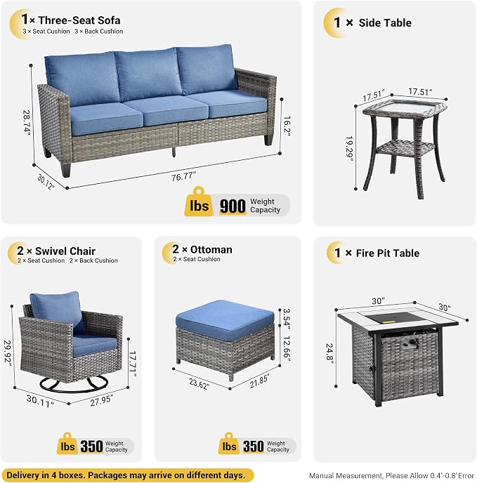ovios 7 Pieces Patio Furniture Set with Square Fire Pit Table, Swivel Rocking Chairs, Outdoor High Back Wicker Rattan Conversation Set for Deck Porch, Denim Blue
