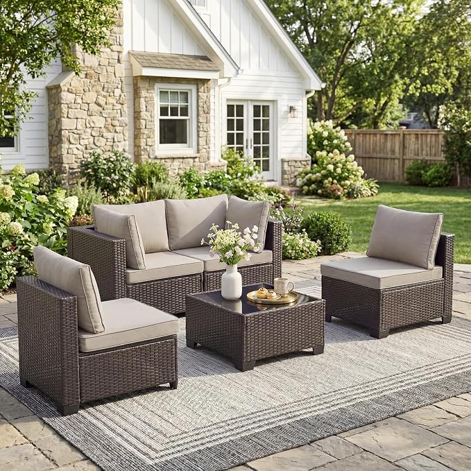 ANJ 5 Piece Outdoor Wicker Patio Furniture Set, Modular Loveseat Sofa with with Glass Top Coffee Table, All-Weather Rattan Conversation Couch Set for Balcony, Backyard, Dark Brown Wicker-Grey