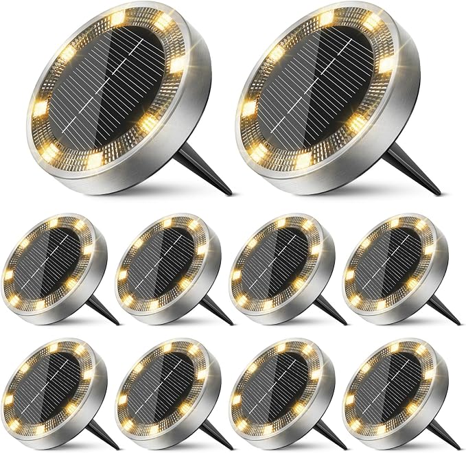 10 Pack Solar Ground Lights Outdoor, 8 LED Mini Flat Solar Disc Lights, IP65 Waterproof Pathway Lights Solar Powered, Landscape Lighting for Garden Walkway Driveway Yard Lawn,Warm White