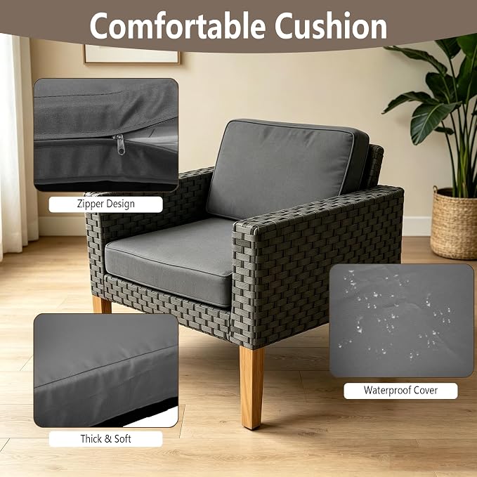 DECMICO 4 Piece Rattan Conversation Bistro Set, Outdoor Wicker Patio Furniture Set, All-Weather PE Rattan Chairs with Cushions for Backyard, Balcony, Garden, Dark Gray