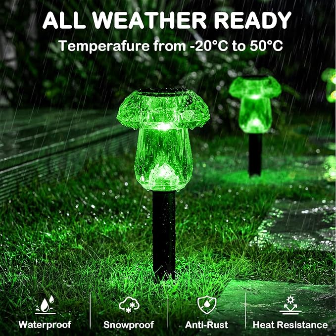 Solar Halloween Lights Outdoor 8 Pack Green Garden Mushroom Decor | LED Waterproof Halloween Decorations Outdoor for Pathway Yard Outside Driveway Walkway Landscape Path Lighting, Auto On/Off