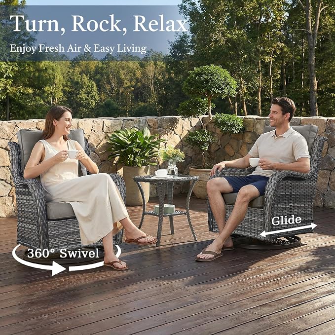 Outdoor Patio Furniture Set-5 Piece Outdoor Swivel Rocker Chairs with Ottomans Patio Furniture Set for Deck Balcony Poolside Backyard-Grey/Grey