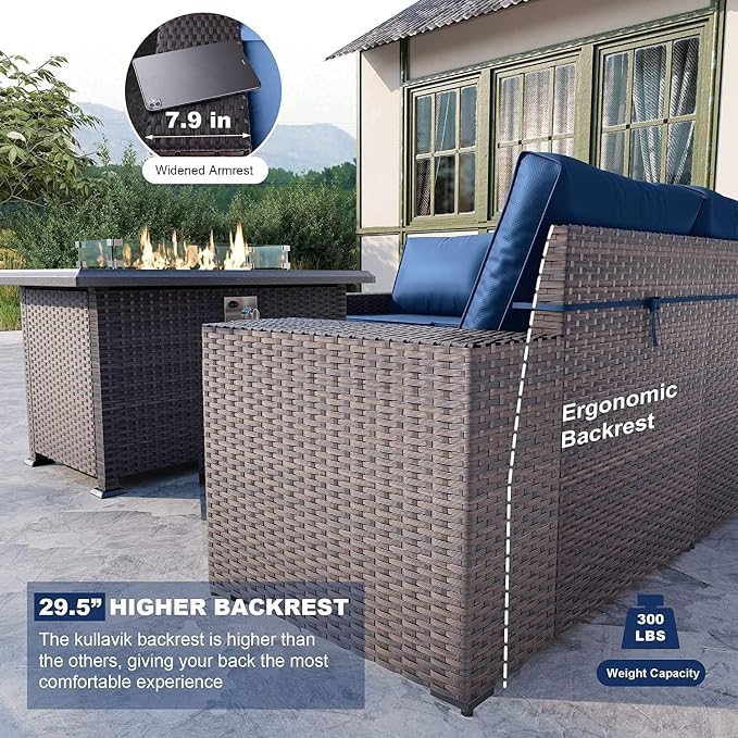Kullavik 10PCS Outdoor Patio Furniture Set,PE Wicker Rattan Sectional Sofa Patio Conversation Sets with 43" 55000BTU Gas Propane Fire Pit Table,Swivel Rocking Chairs Set,Navy Blue