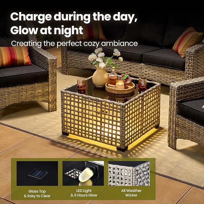 6 Piece Patio Furniture Set with Solar Lights Coffee Table, Outdoor Wicker High Back Sofa Chairs Ottomans with Cushions, All Weather Conversation Set for Backyard Porch Deck, Black