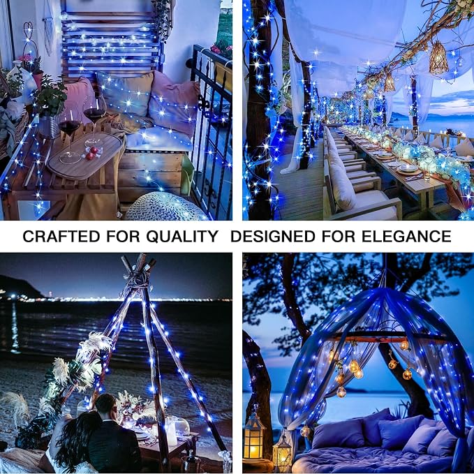 2 Pack 33ft Solar Fairy String Lights Small, 100 Led Blue Solar Fairy Lights Outdoor, 8 Modes Solar Christmas Lights Copper Wire for Trees Garden Patio Yard Deck Fence Party Decorations