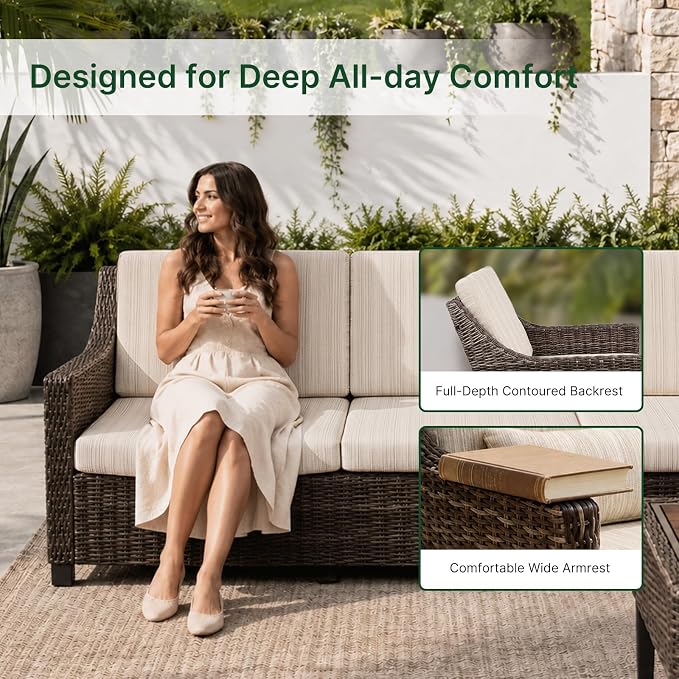 Wicker Patio Conversation Set, Outdoor Patio Furniture Set with Deep Seating, Wide Armrests & Thick Cushions, All-Weather Outdoor Furniture Set for Patio, Porch, Deck & Backyard