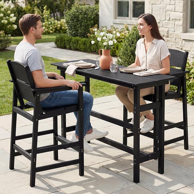 Outdoor Bar Height Table and Chairs Set, 3 Piece HDPE Outdoor High Top Table and Chairs, Reinforced Patio Pub Table with 2 Bar Stools, All Weather Bar Height Patio Set for Deck/Balcony, Black