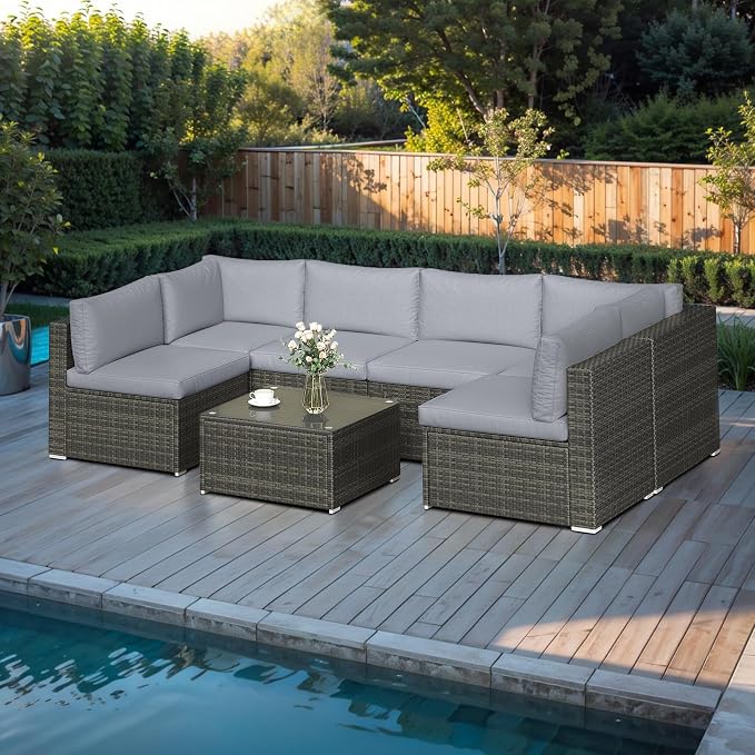 Wisteria Lane 7 Piece Outdoor Patio Furniture Set, All Weather Wicker Rattan Sectional Sofa Conversation Set with Cushions & Glass Coffee Table, Ideal for Garden Backyard Porch Balcony, Light Grey
