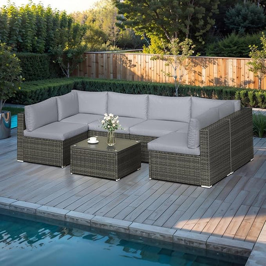 Wisteria Lane 7 Piece Outdoor Patio Furniture Set, All Weather Wicker Rattan Sectional Sofa Conversation Set with Cushions & Glass Coffee Table, Ideal for Garden Backyard Porch Balcony, Light Grey