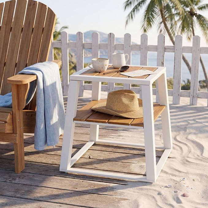 Outdoor Side Table, 2-Tier Acacia Wood End Table with White Iron Frame, Weather-Resistant Patio Side Table with Storage Shelf, Teak Finish, 30 lbs Capacity, White
