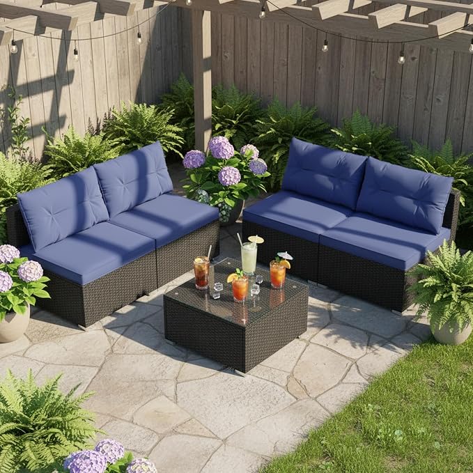 Tangkula 5 Piece Rattan Sofa Set, Outdoor Wicker Furniture Set w/Seat & Back Cushions, Square Coffee Table, Patio Sectional Sofa Set for Backyard, Poolside, Garden (Navy)
