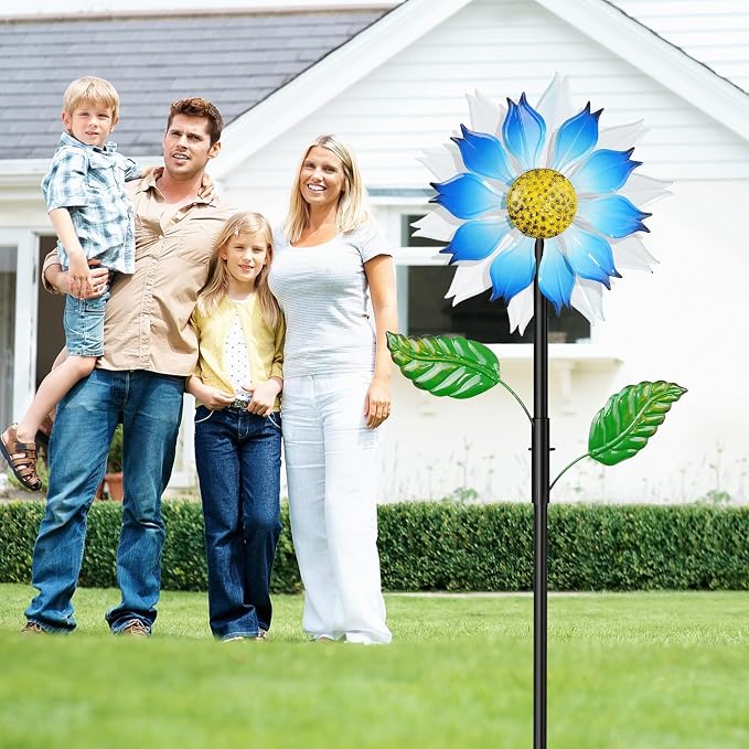 Blue Flower Metal Wind Spinner, 63.4" Kinetic Large Wind Sculptures with 5 Prong Anti-Tip Ground Stake, All Weather Kinetic Yard Art Decor for Lawn Garden Patio Outside Ornament