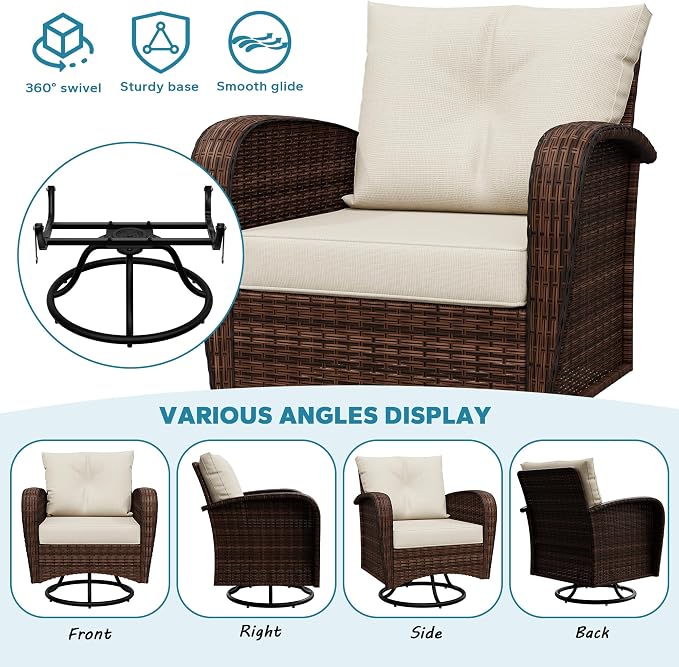 3 Pieces Conversation Furniture Set of Patio Swivel Rocking Chairs and End Table, Wicker Rattan Outdoor Set with Washable Cushions for Backyard, Poolside, Sunroom (Beige)