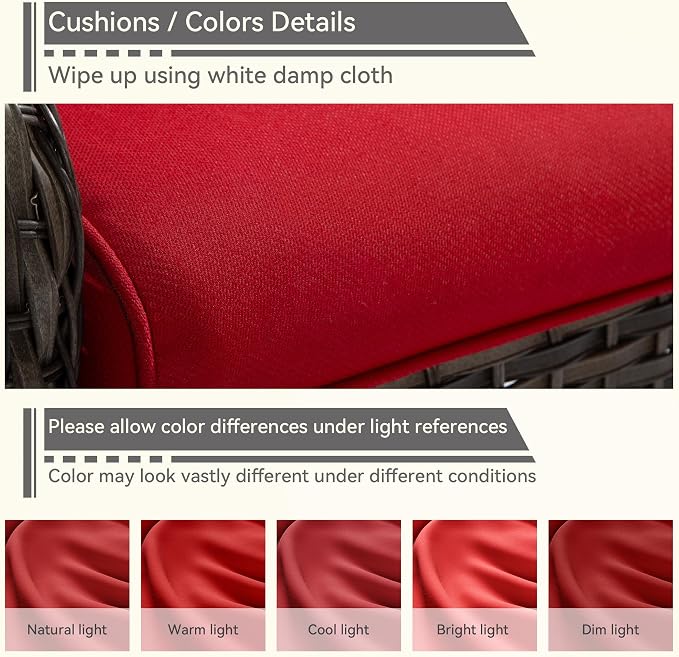 3 Piece Patio Furniture Set, 2-Seater Loveseat and 2 Ottomans PE Wicker Footstool, Outdoors Rattan Conversation Set with Deep Seating and Olefin Cushions, for Backyard, Garden, Red