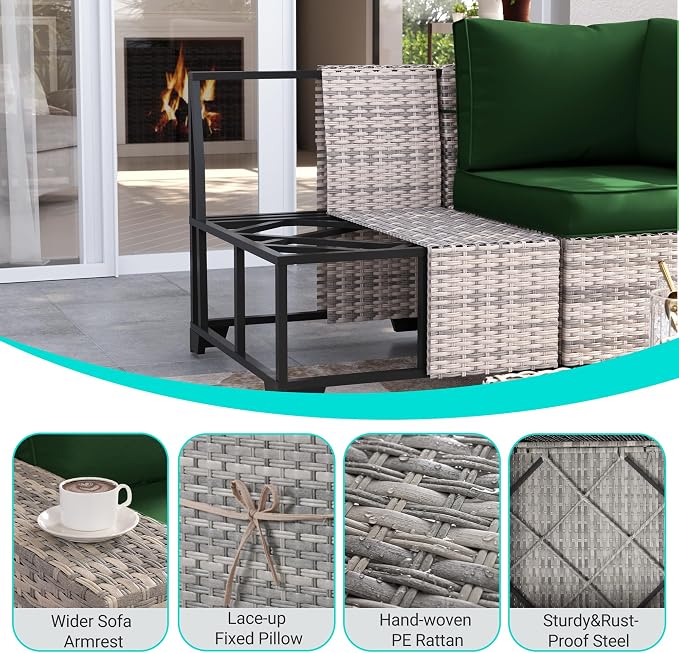 12-Piece Outdoor Patio Furniture Set with Rocking Swivel Chair, PE Wicker Rattan Sectional Sofa 55,000 BTU Fire Pit Table Patio Conversation Set with Ottomans and Chunky Arms, Green