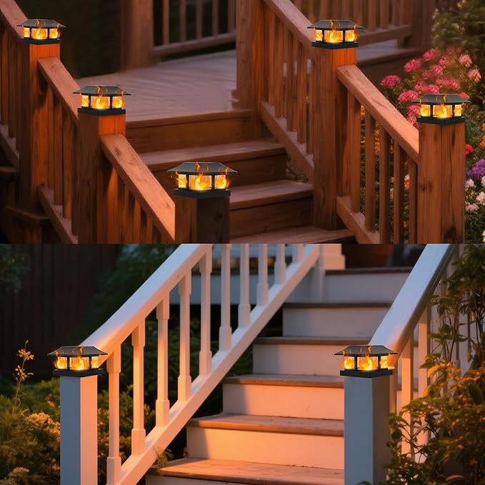 Dynaming 4x4 Solar Flame Post Cap Lights Outdoor, Solar Powered Fence Post Light, Flickering Flame LED Lantern Lamps Waterproof for Garden Deck Patio, Fit Wooden/Vinyl Posts, 12 Pack