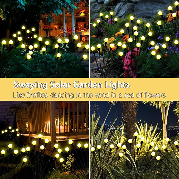 Solar Garden Lights Outdoor, 6 Pack 48 LED Solar Firefly Lights Waterproof, Sway by Wind, Swaying Light for Yard Patio Backyard Garden Planter Flower Bed Pathway Outdoor Decoration (Warm White)