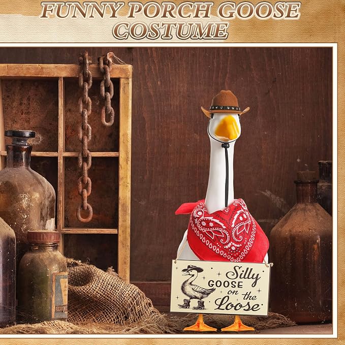 Funny Porch Goose Outfit Decoration Set Silly Goose on The Loose Hangings Sign Cowboy with Outfit Cowboy Hat Bandana for 23" Cement/Plastic Outdoor Statue Patio Yard Lawn Art(Red)