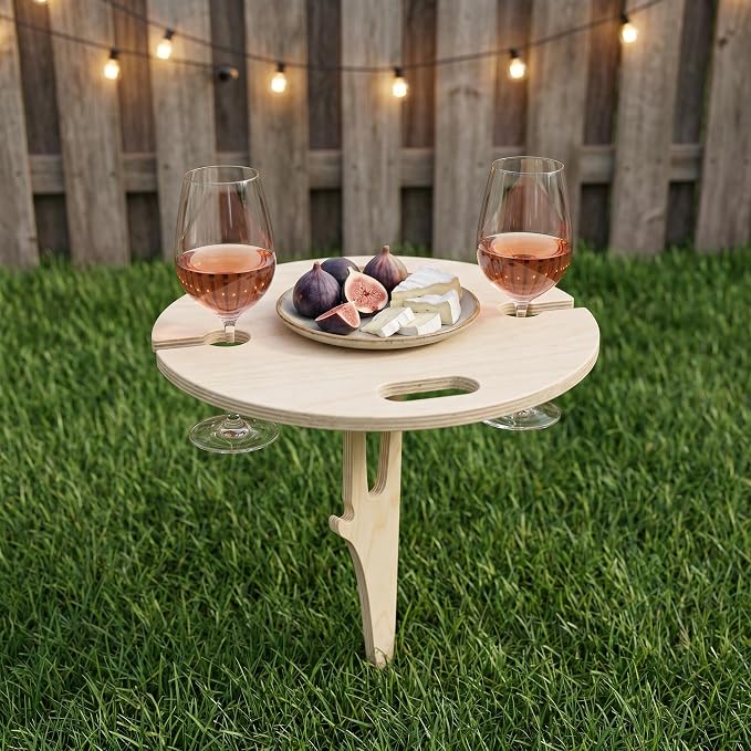 Outdoor Wooden Folding Wine Table, Ground Insert with Glass Holder | Solid Rubber Wood, Detachable Foldable, Bottle Glass Holder, Easy to Store, for Lawn Garden Picnic Beach