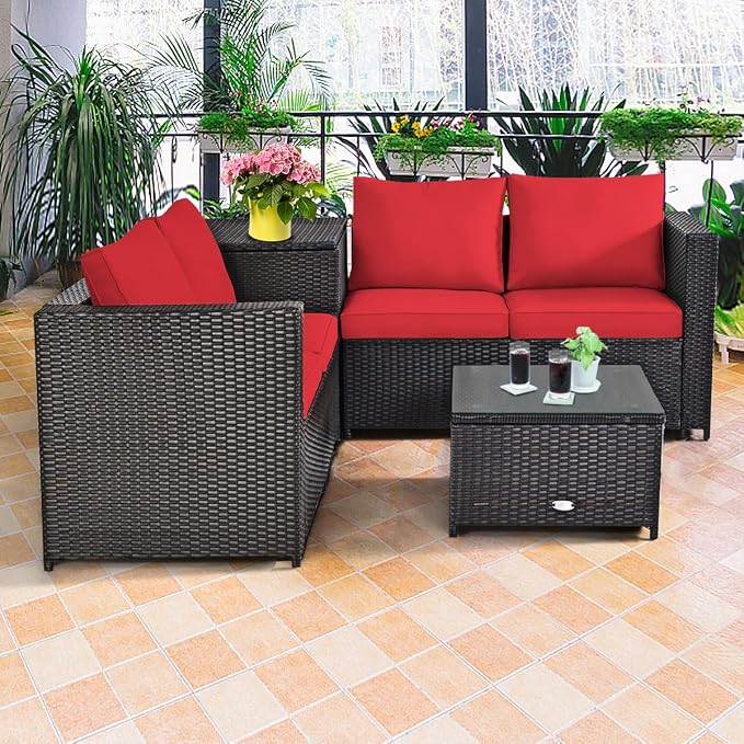 HAPPYGRILL 4 Pieces PE Rattan Wicker Conversation Set Outdoor Patio Furniture Sofa Set with Storage Box and Tempered Glass Coffee Table for Backyard Garden Porch
