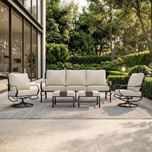 PHI VILLA 5 Piece Metal Patio Furniture Set with 5.75" Cushion, Modern Outdoor Furniture Set with 3-Seater Deep Seating Sofa, 2 Patio Swivel Chairs & 2 Ottoman, Patio Conversation Sets for Garden Deck