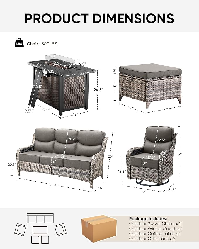 HUMMUH 6 Pieces Patio Furniture Set with Fire Pit High Back Outdoor Furniture Set 6-inch Cushions Wicker Patio Swivel Rocker Chairs for Balcony Garden,Lawn,Deck