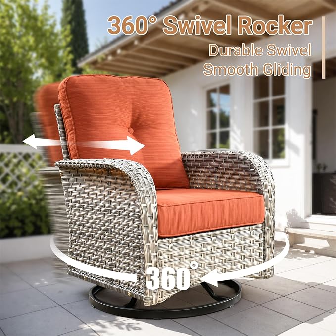 HOOOWOOO Sectional Patio Furniture Set with Fire Pit Table,12 Pieces Wicker Outdoor Furniture L Shaped Couch,Outside Conversation Set Extra Deep Seat Sofa Wide Arm Swivel Chairs Solar Light,Brick Red