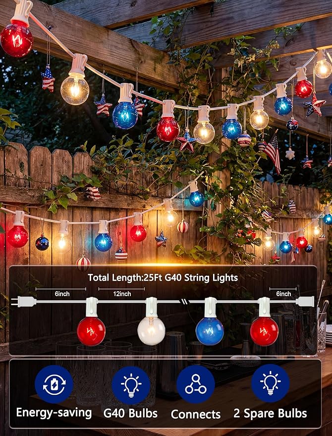 4th of July Decorations String Lights, 25Ft Outdoor Patio String Lights with 27 G40 Red White and Blue Light Bulbs(2 Spare), Independence Day Lights for Patriotic Party Garden Festival Decor- White