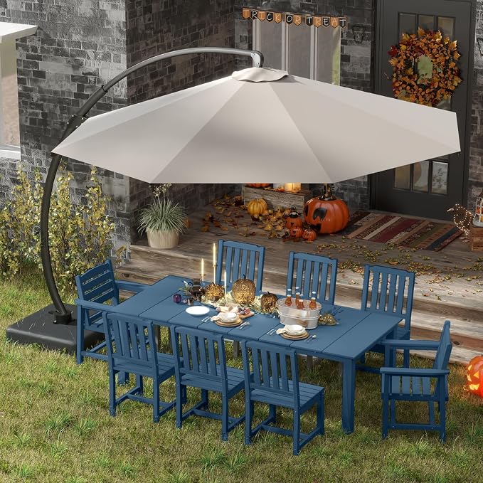 9-Piece Outdoor Dining Set with 11FT Umbrella for 8,Navy Blue | 75.2'' HDPE table, chairs included, weather-resistant furniture with hole, ideal for lawn, poolside, yard, garden, deck