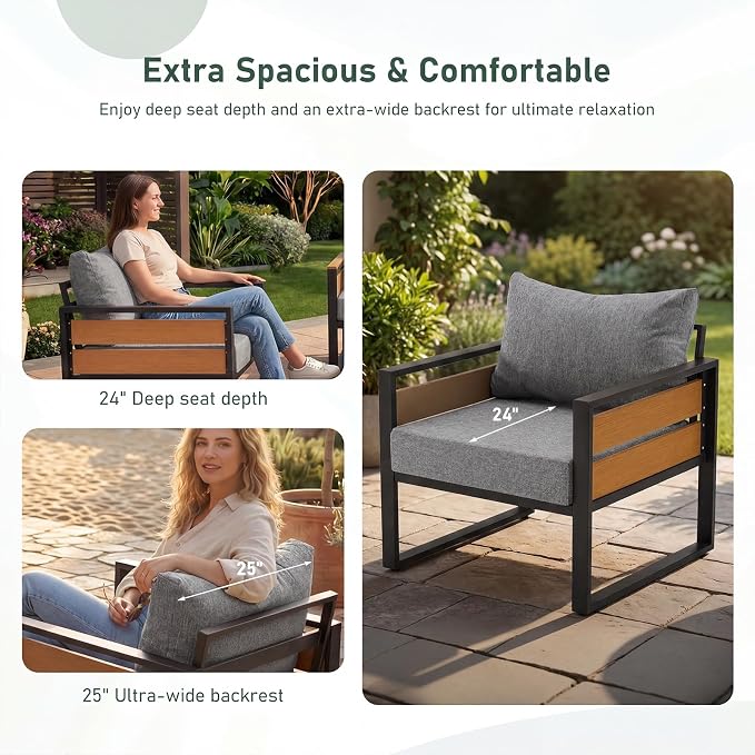 Furnimart Patio Furniture Set, 4-Piece Metal Outdoor Sectional, 5-Seat Patio Conversation Set with Deep Seating, Thick Cushions & Coffee Table for Backyard, Porch & Deck, Gray