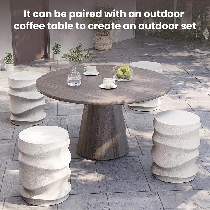 SUNBURY Outdoor Side Table, 18" H Concrete Accent End Table Streamlined, Small Round Cement Plant Stands Table, Decorative Garden Stools for Backyard, Spotted White