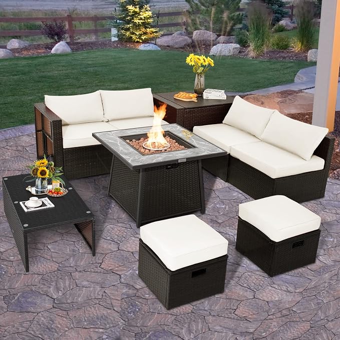 Tangkula 9 Pieces Outdoor Patio Furniture Set with 35-Inch Propane Fire Pit Table, Outdoor PE Wicker Sectional Sofa Set with Storage Box and Cushions, 50,000 BTU Gas Fire Pit Table (Off White)